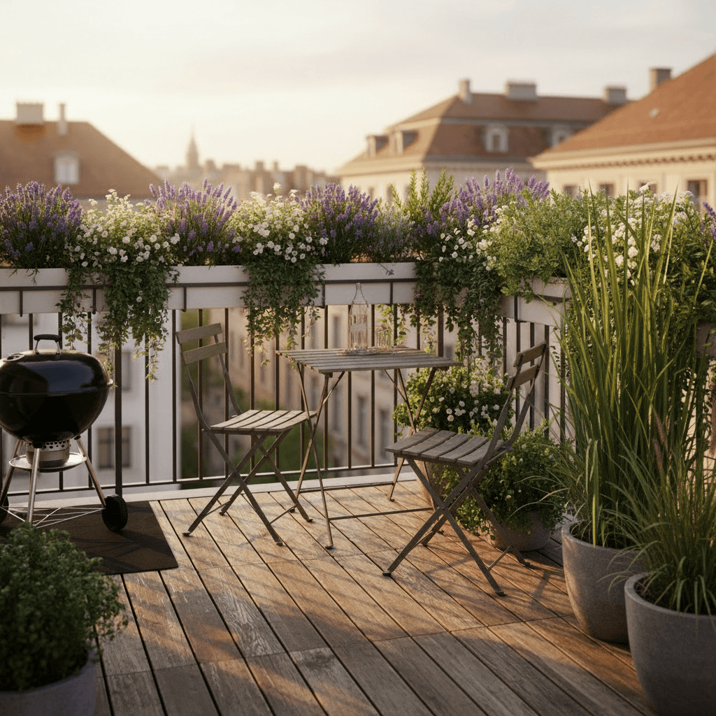 Balkon mit Pflanzen und Blumen verwandelt